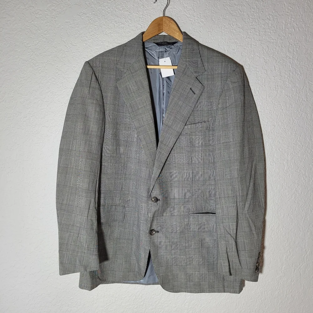 Vintage Polo Ralph Lauren Blazer Jacket Wool plaid pattern Gray 42L USA